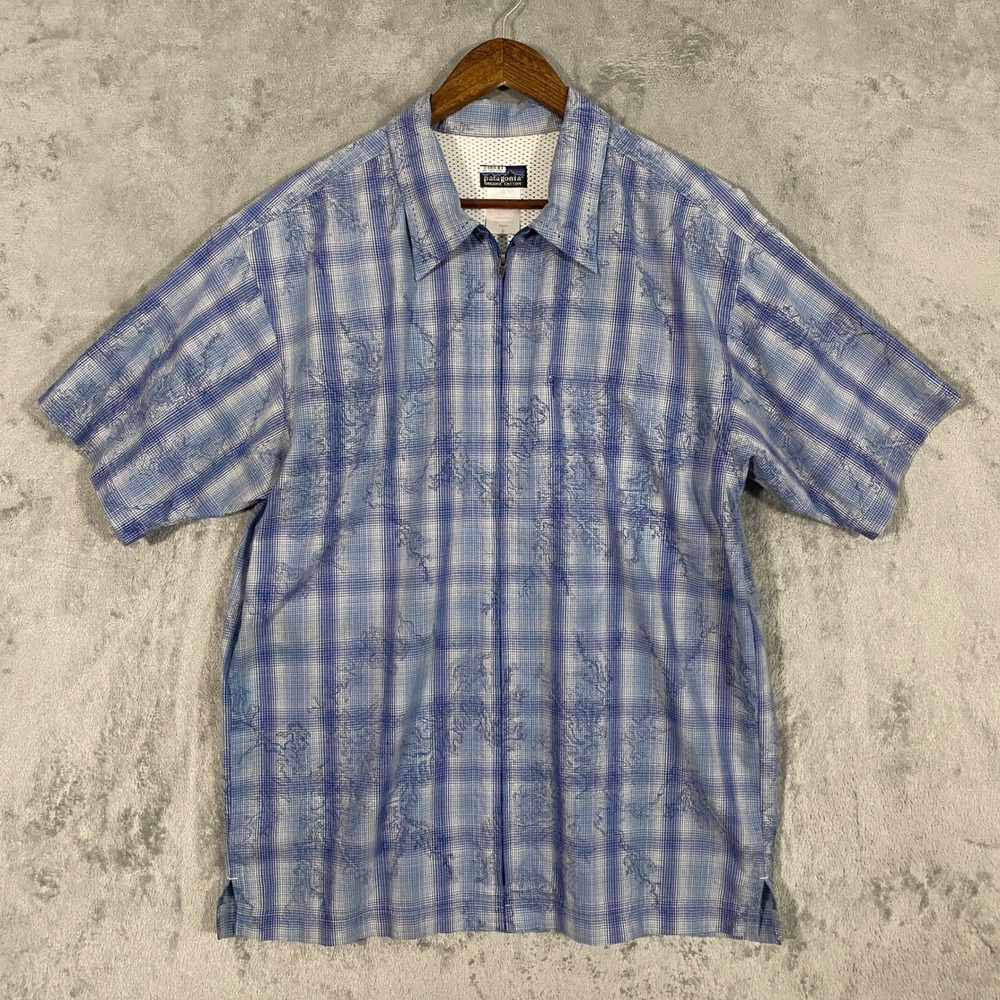 Patagonia Shirt Mens L Blue Plaid Topo Map Full Zip Organic Cotton Short Sleeve